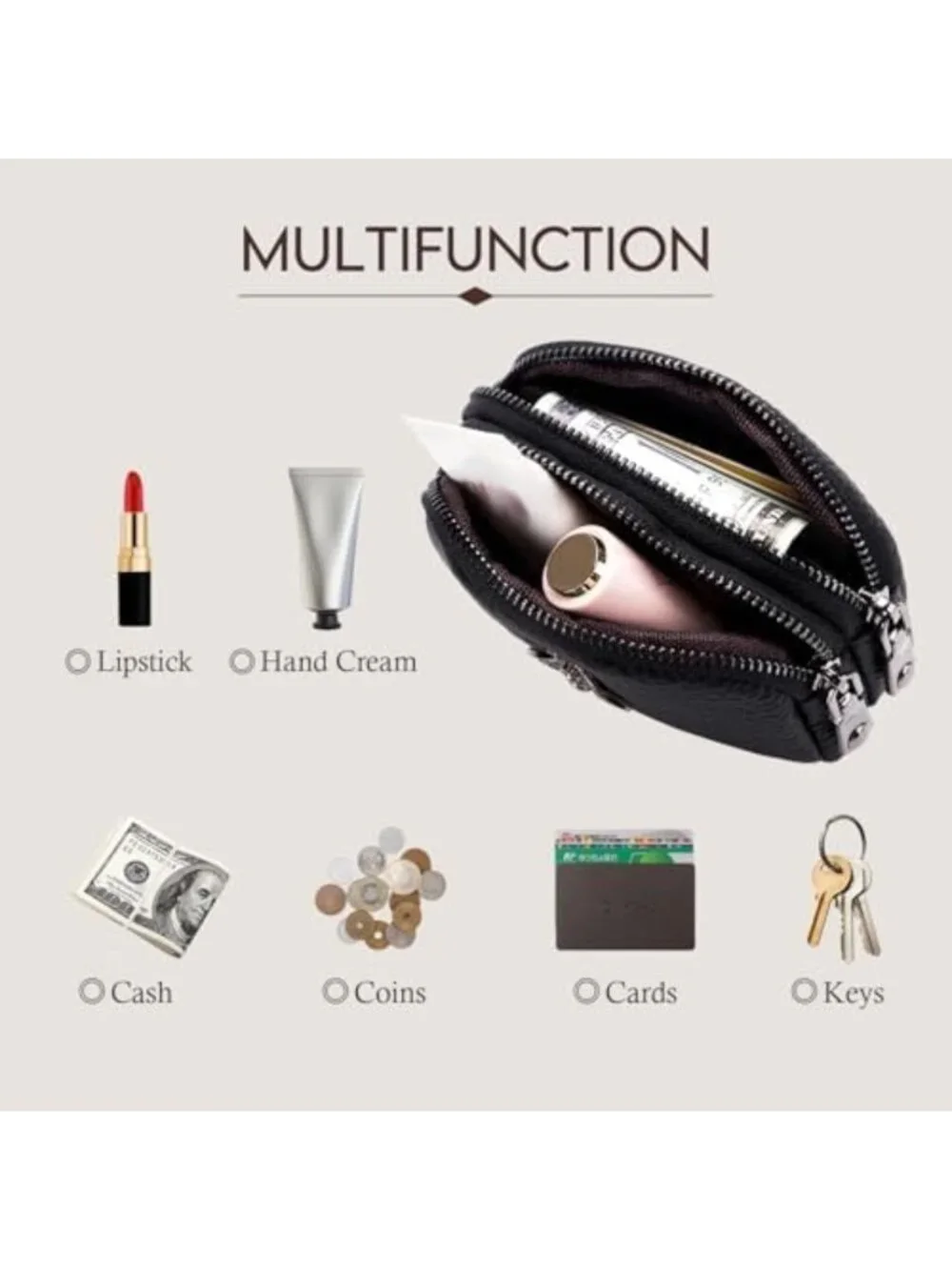 Stylish Black Leather Coin Purse | Small Zippered Wallet for Women